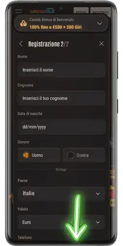 Compilazione dei dati personali su Casino Apple Pay