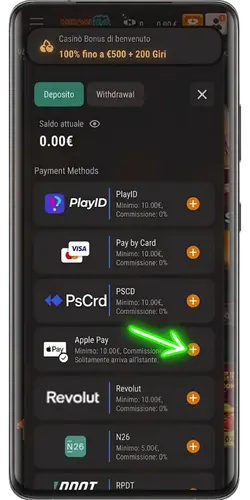 Scelta del metodo di deposito nella cassa su Casino Apple Pay